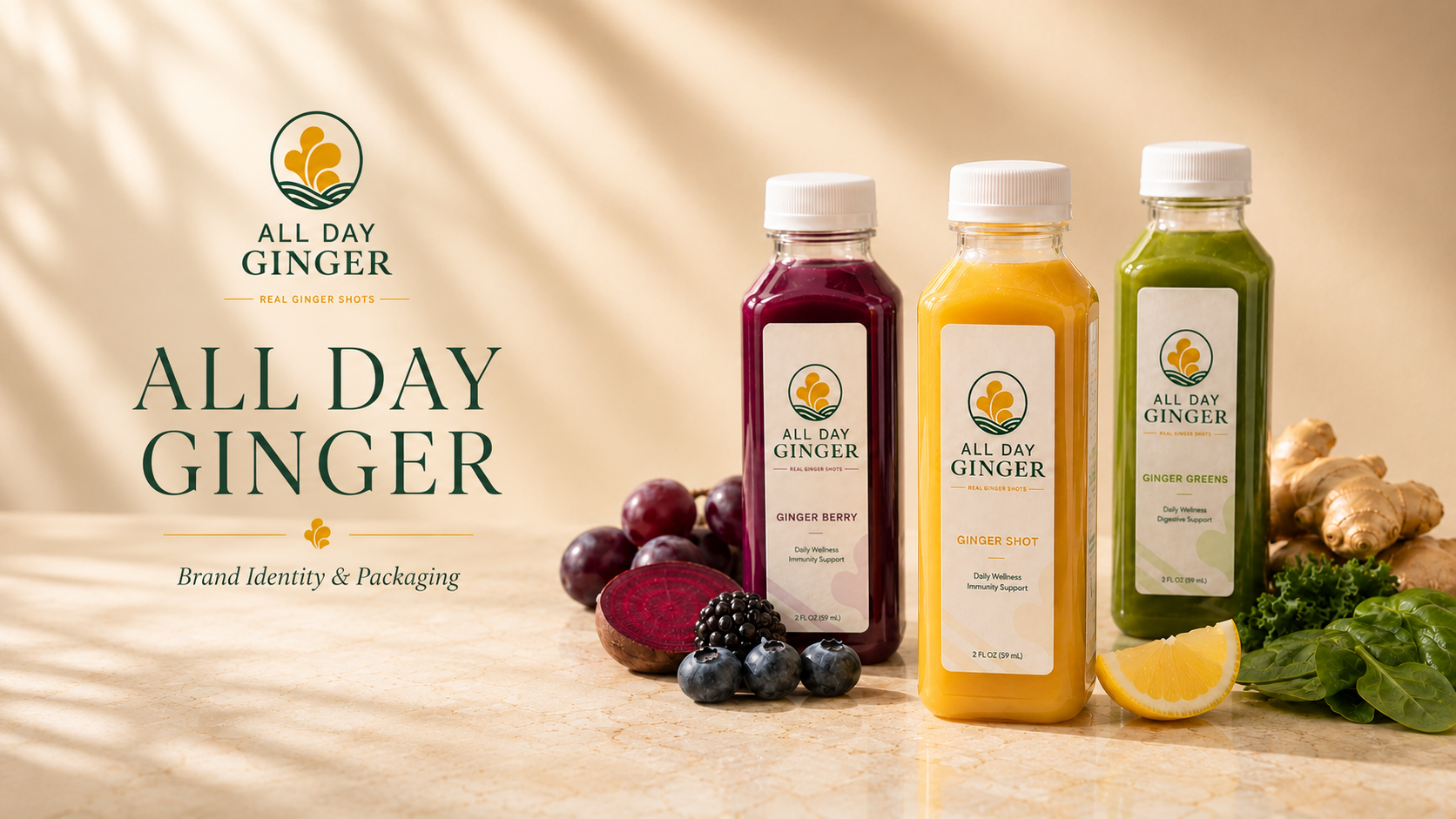 All Day Ginger — three ginger juice bottles with fresh ingredients